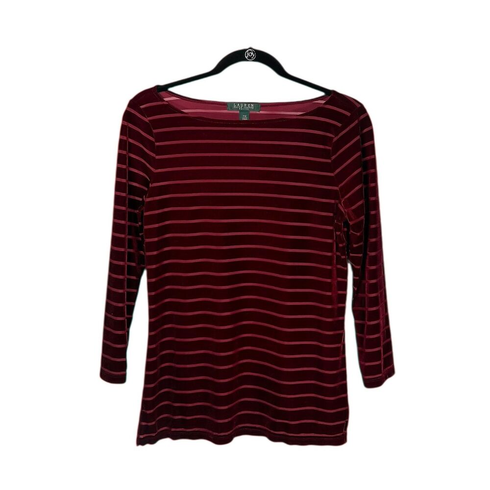 Ralph Lauren Women's Blouse Burgundy Velvet Sheer Stretch Holiday Top Size PM